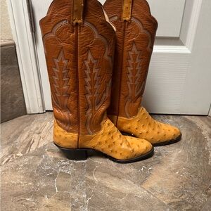 Panhandle Slim Two-Tone Tan and Brown Ostrich-Style Heeled Cowboy Boots